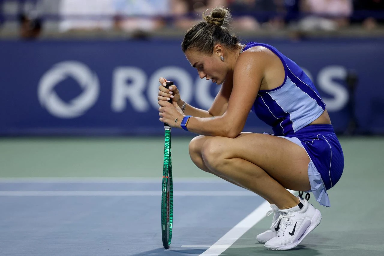 Aryna Sabalenka reacts while playing Ekaterina Alexandrova during day seven of the National Bank Open Presented by Rogers at Sobeys Stadium on August 08, 2026 in Toronto, Ontario. (AFP Photo)