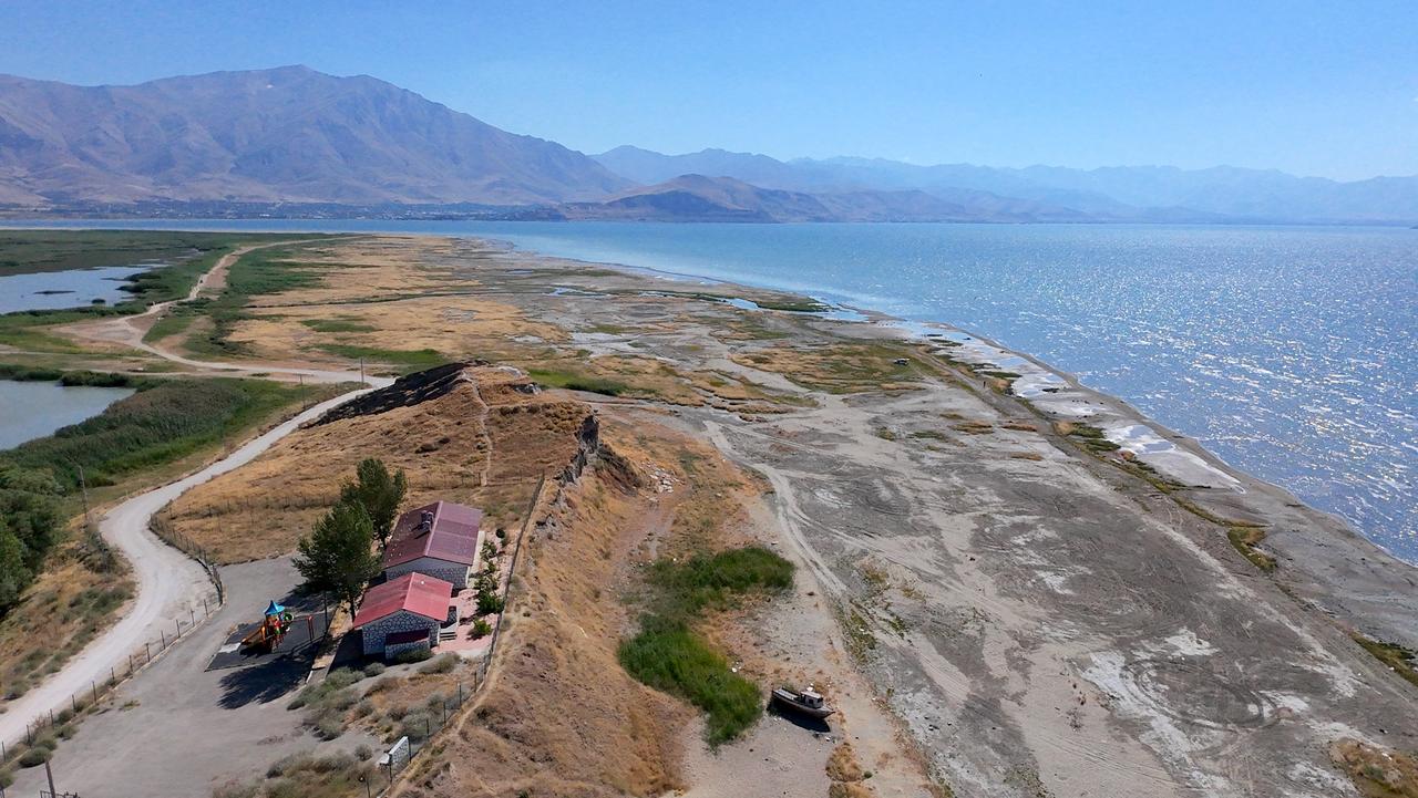 An aerial view shows the receded shoreline of Lake Van amid continued drought pressure in Van, Türkiye, Sept. 1, 2026. (AA Photo)