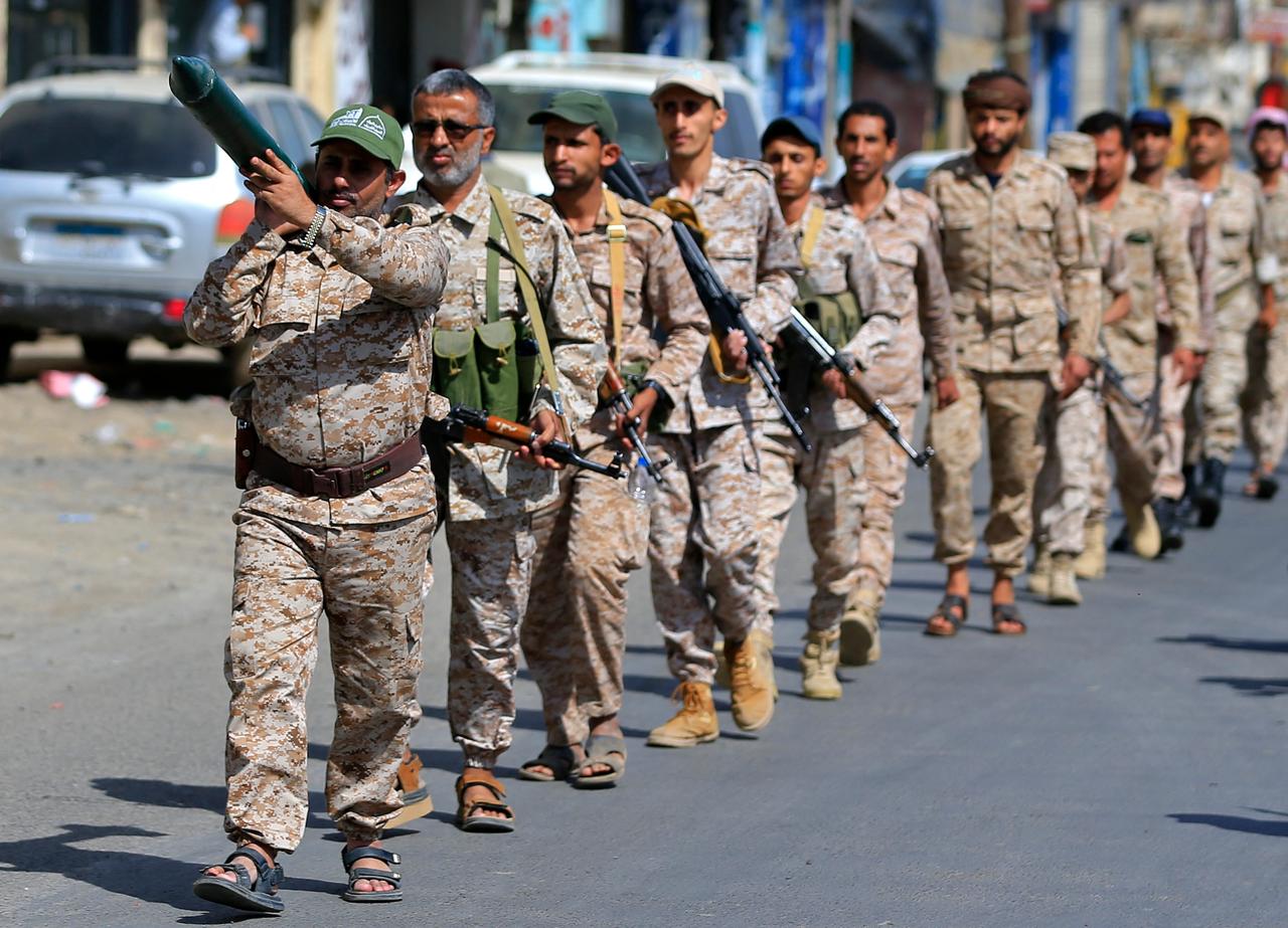 Fighters loyal to the Houthi authorities, march during a rally to recruit more fighters, in Sanaa on September 10, 2026. (AFP photo)