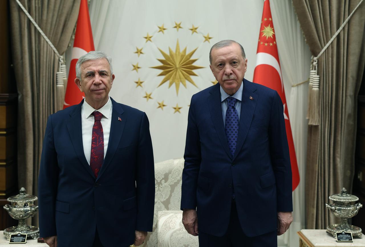 Turkish President Recep Tayyip Erdogan (R) receives Ankara Metropolitan Municipality Mayor Mansur Yavas (L) in Ankara, Türkiye, on September 9, 2026. (TUR Presidency/AA Photo)