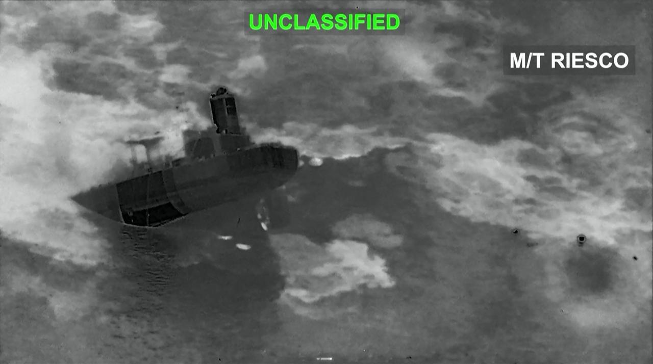This screen grab from a video released by US Central Command shows a strike on an Iranian tanker in the Gulf of Oman. (AFP Photo/Handout /US Central Command Public Affairs)