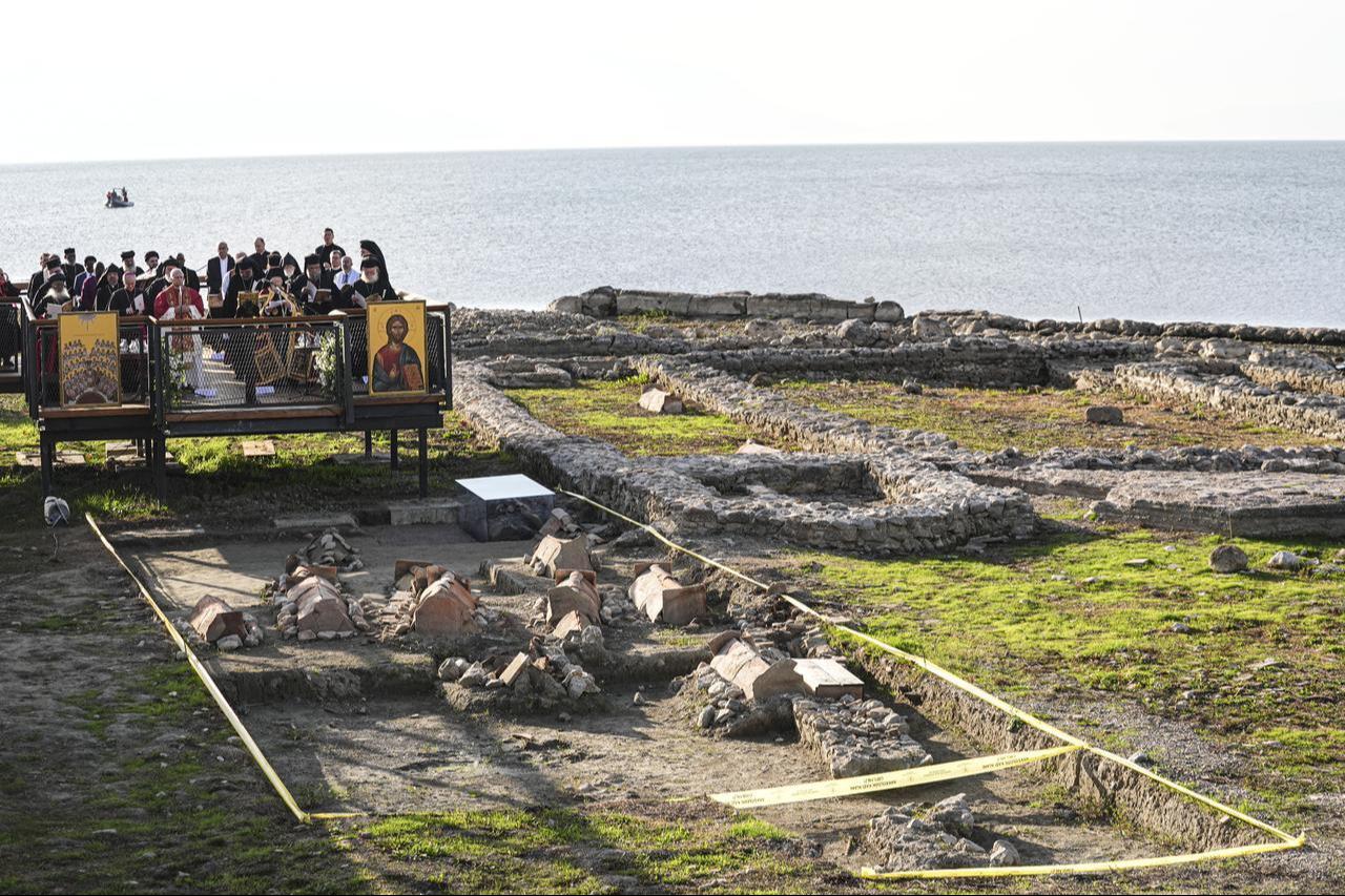 Pope Leo XIV attends a ceremony marking the 1700th anniversary of the First Council of Nicaea held in the ruins of Basilica of Saint Neophytos, revealed in 2014 after water levels receded in Lake Iznik and identified as having been built in honor of Saint Neophytos in Bursa, Türkiye, Nov. 28, 2025. (AA Photo)