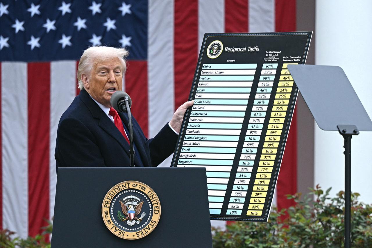 US President Donald Trump holds a chart as he delivers remarks on reciprocal tariffs during an event in the Rose Garden entitled  Make America Wealthy Again  at the White House in Washington, DC, on April 2, 2025. (AFP Photo)