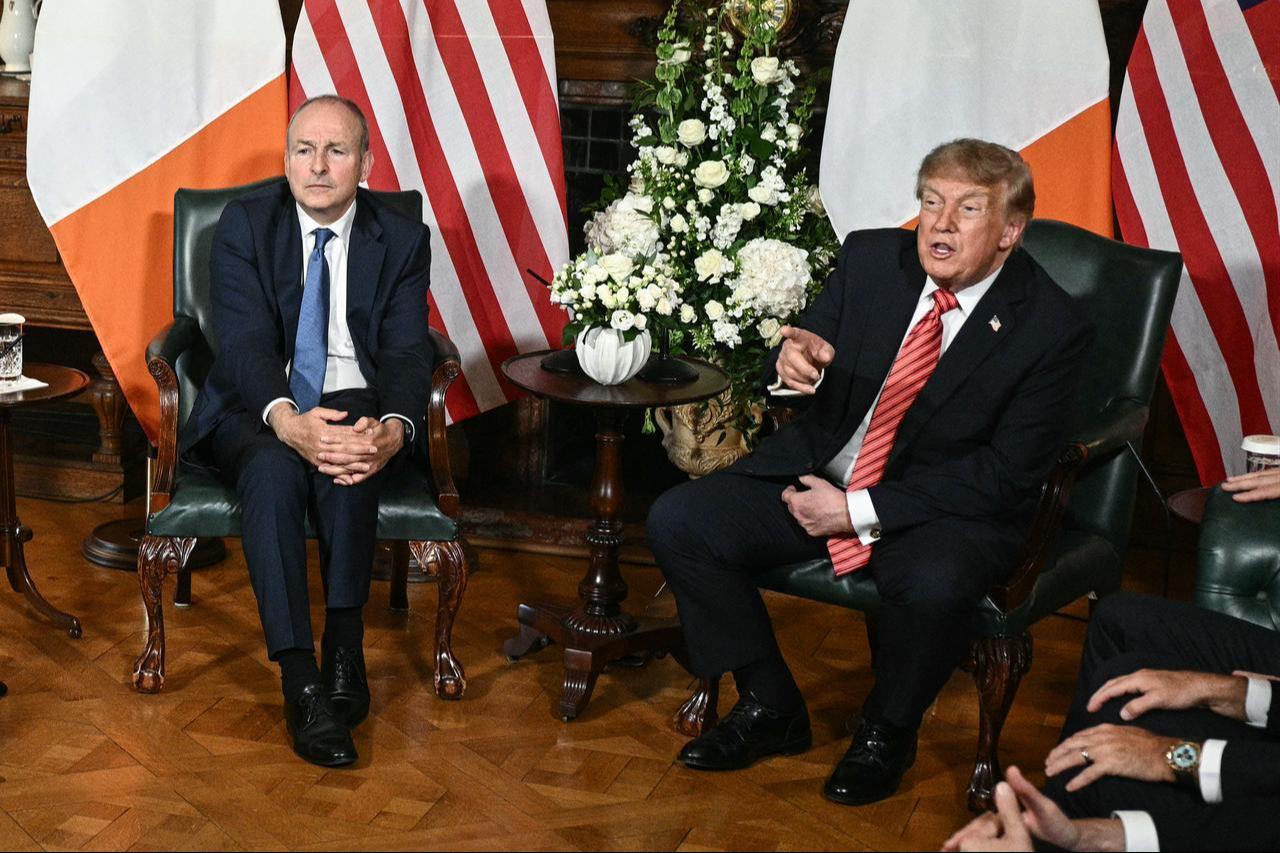 US President Donald Trump (R) and Ireland's Prime Minister Micheál Martin take questions from the media at the end of their meeting at Farmleigh House in Phoenix Park in the Irish capital Dublin, Sept. 12, 2026. (AFP Photo)