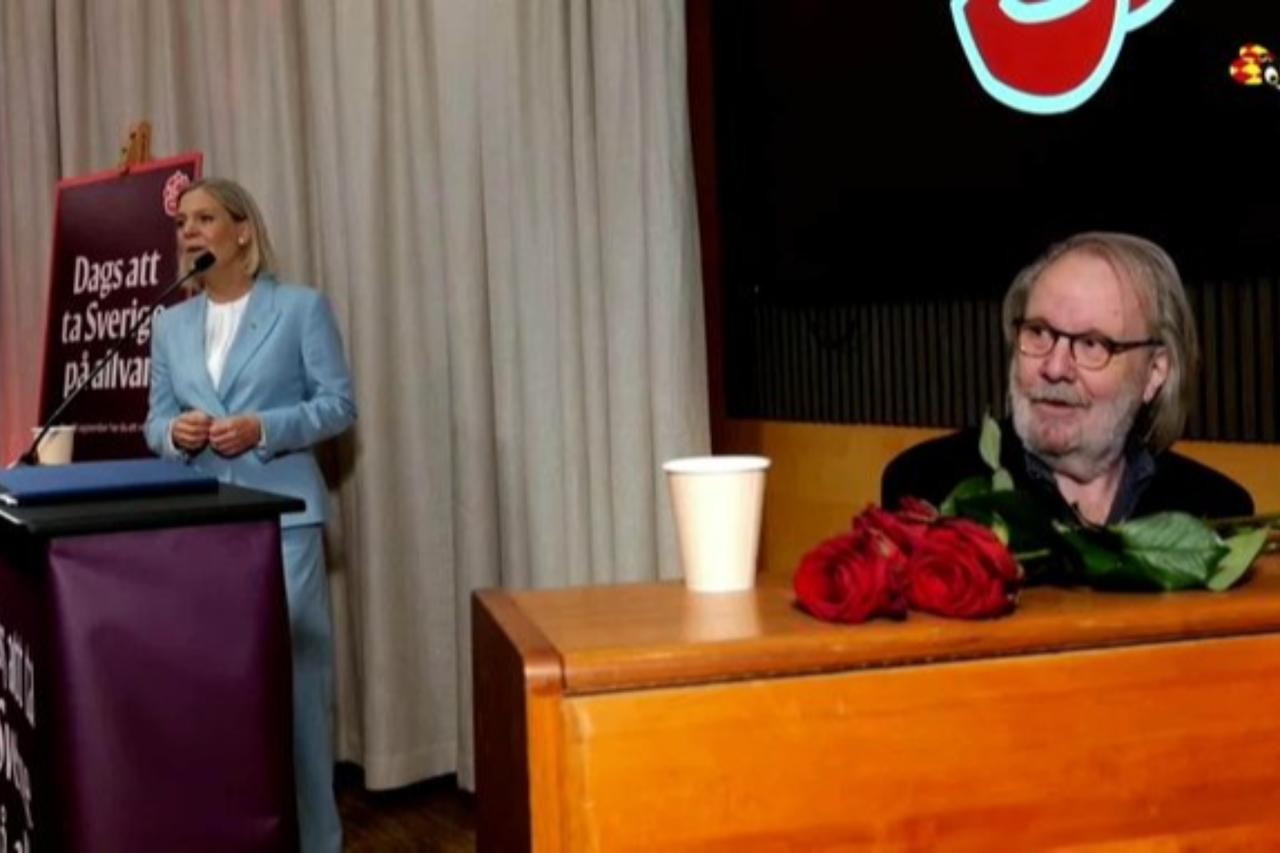 ABBA's Benny Andersson plays 'Mamma Mia' for Sweden's left