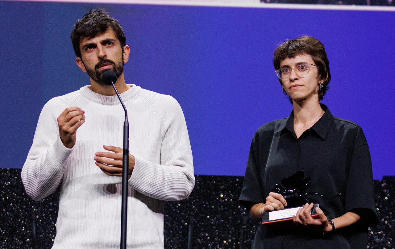 Director Yuval Abraham speaks alongside Rachel Szor after they received the Special Jury Prize for "NAZA" at the 83rd Venice International Film Festival in Venice, Italy, Sept. 12, 2026. (AA Photo)