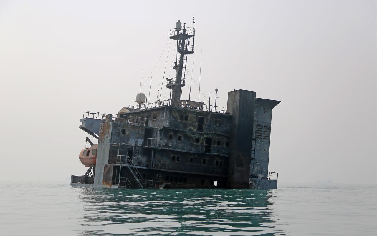 A view of the Iranian Revolutionary Guard Corps Navy warship struck by a U.S. missile, off the coast of Bandar Abbas, Iran, on September 9, 2026. (AA Photo)