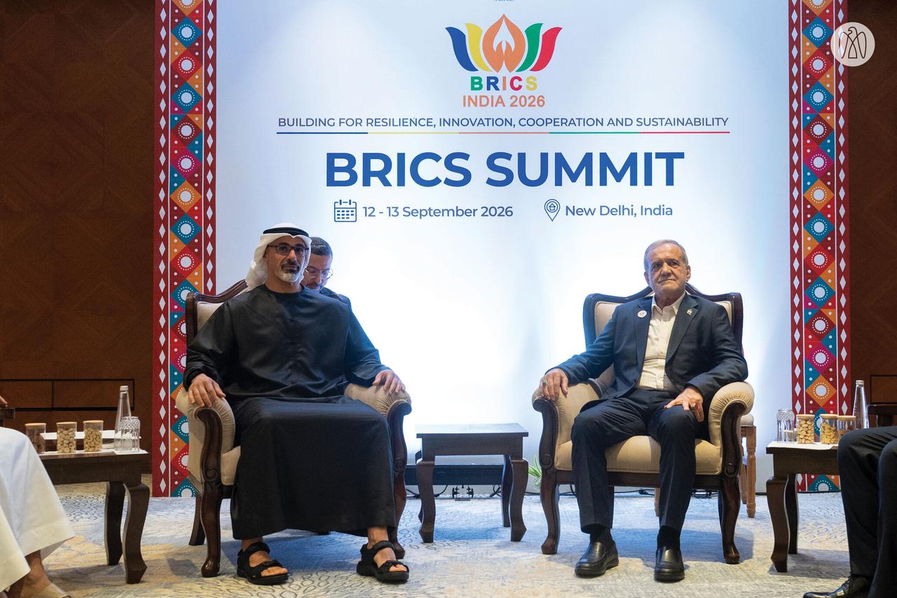 Iranian President Masoud Pezeshkian meets with Abu Dhabi Crown Prince Sheikh Khaled bin Mohamed bin Zayed Al Nahyan of the United Arab Emirates (UAE) on the sidelines of the 18th BRICS Summit held in New Delhi, India on September 12, 2026. (Iranian Presidency / Handout / AA Photo)