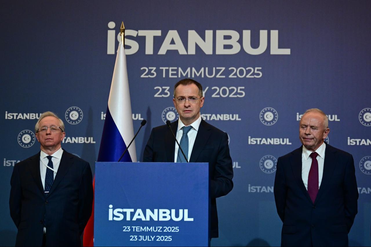 Vladimir Medinskiy, Advisor to Russian President Vladimir Putin, speaks to the press at the Ciragan Palace following 3rd round of peace talks hosted by Türkiye in Istanbul, July 23, 2025. (AA Photo)
