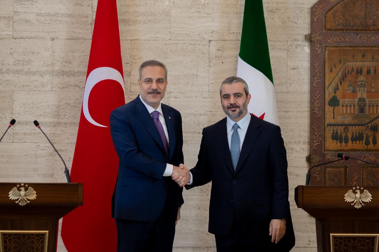 Turkish Foreign Minister Hakan Fidan (L) and Syrian Foreign Minister Asaad Hassan al-Shaibani hold a joint press conference following their talks in Damascus, Syria, Sept. 13, 2026. (AA Photo)