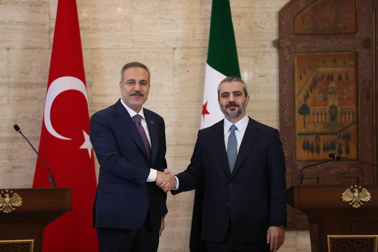 Turkish Foreign Minister Hakan Fidan (L) and Syrian Foreign Minister Asaad Hassan al-Shaibani (R) held a joint press conference following their meeting in Damascus, Syria on Sept. 13, 2026. (AA Photo)