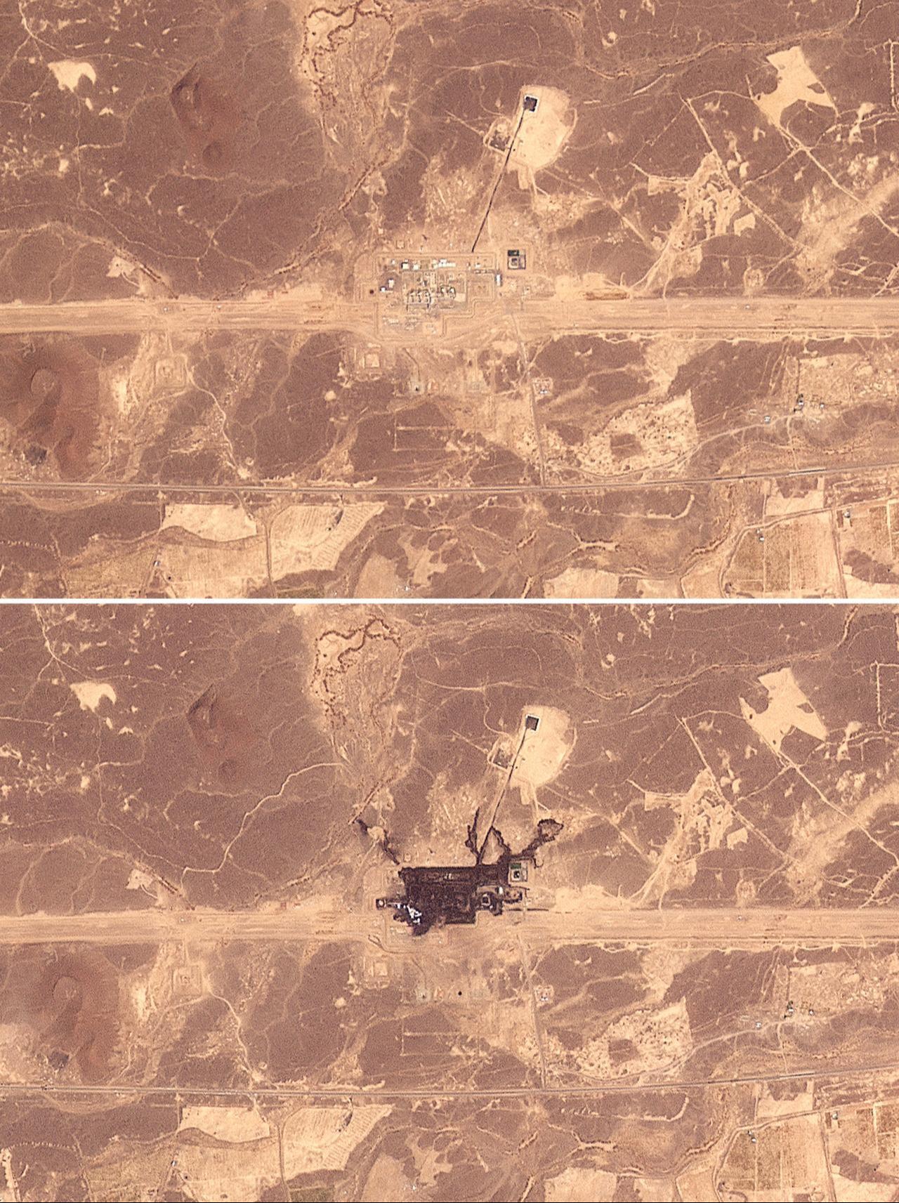 This combination of satellite images taken by Planet Labs PBC and created on September 11, 2026 shows a general view of an infrastructure site southeast of Medina along the general route of Saudi Arabia's East-West pipeline (Petroline) on Sept. 6, 2026 (top) and the same site on Sept. 11, 2026, after it was damaged by fire. (AFP Photo/Handout/Planet Labs)