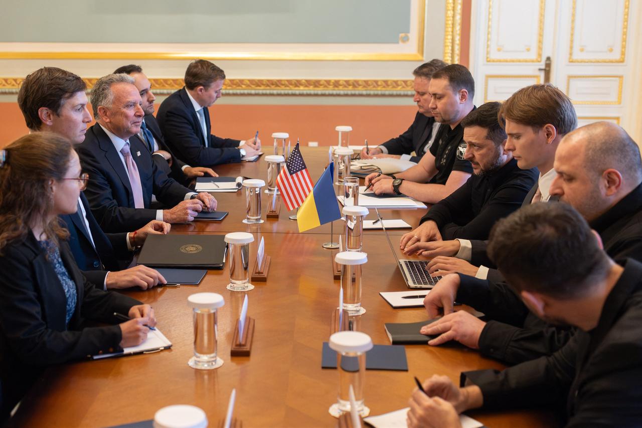 In this handout photograph taken and released by the Ukrainian Presidential Press Service on September 6, 2026, Ukraine's President Volodymyr Zelenskyy (4th R) attends a meeting with US Special Envoy Steve Witkoff (3rd L) and US President Donald Trump's son-in-law Jared Kushner (2nd L) in Kyiv, amid the Russian invasion of Ukraine. (Photo by Handout / Ukrainian Presidential Press Service / AFP)