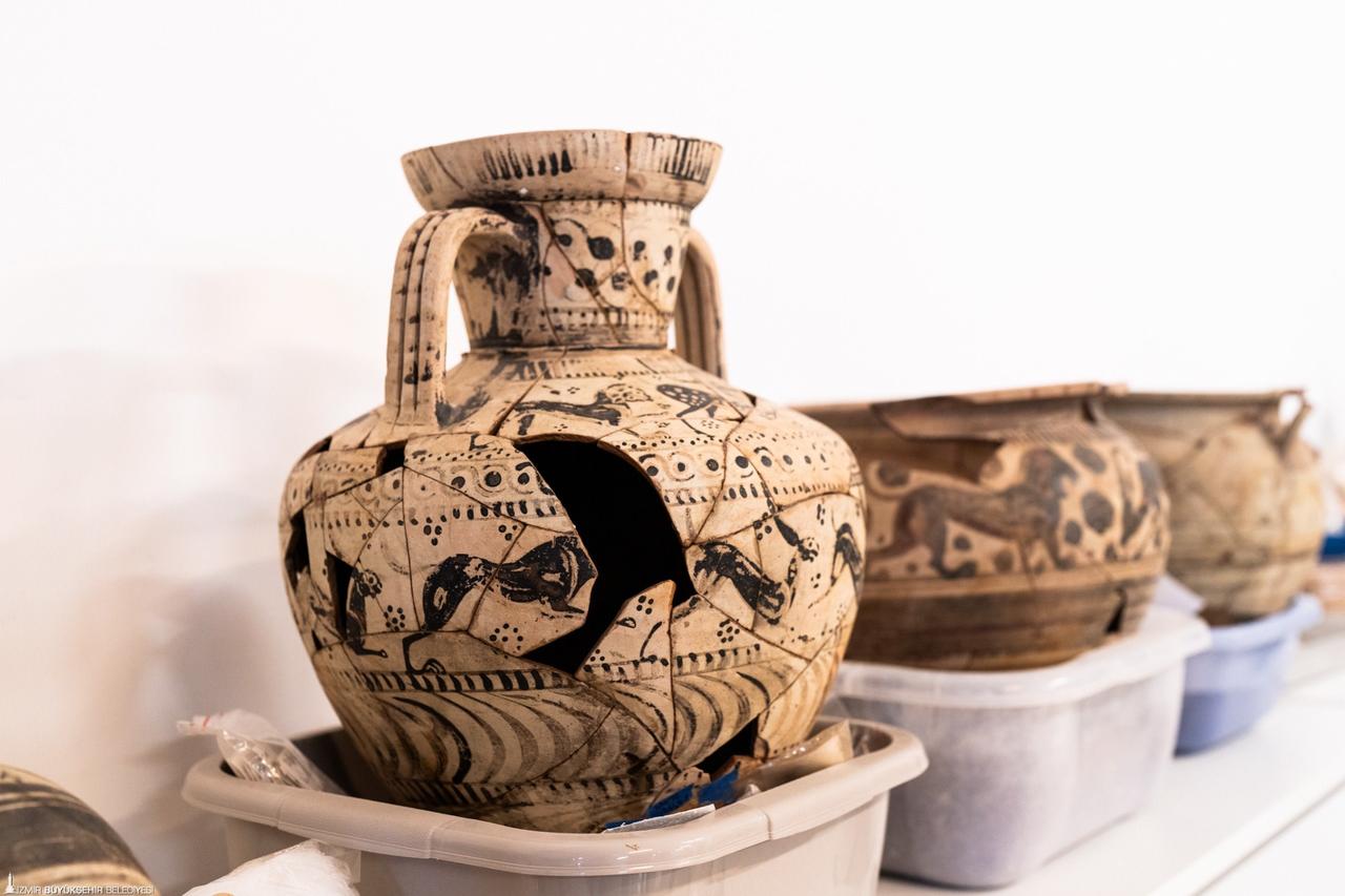 Reconstructed ceramic vessels recovered during archaeological research at Liman Tepe are seen during conservation work in Izmir, western Türkiye. (IHA Photo)