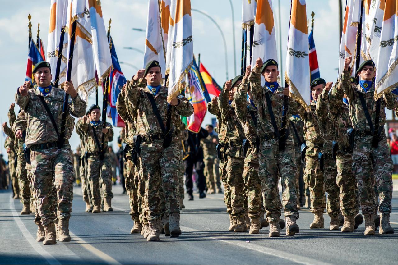 Soldiers march during a military parade in Nicosia on October 1, 2025.(AFP Photo)
