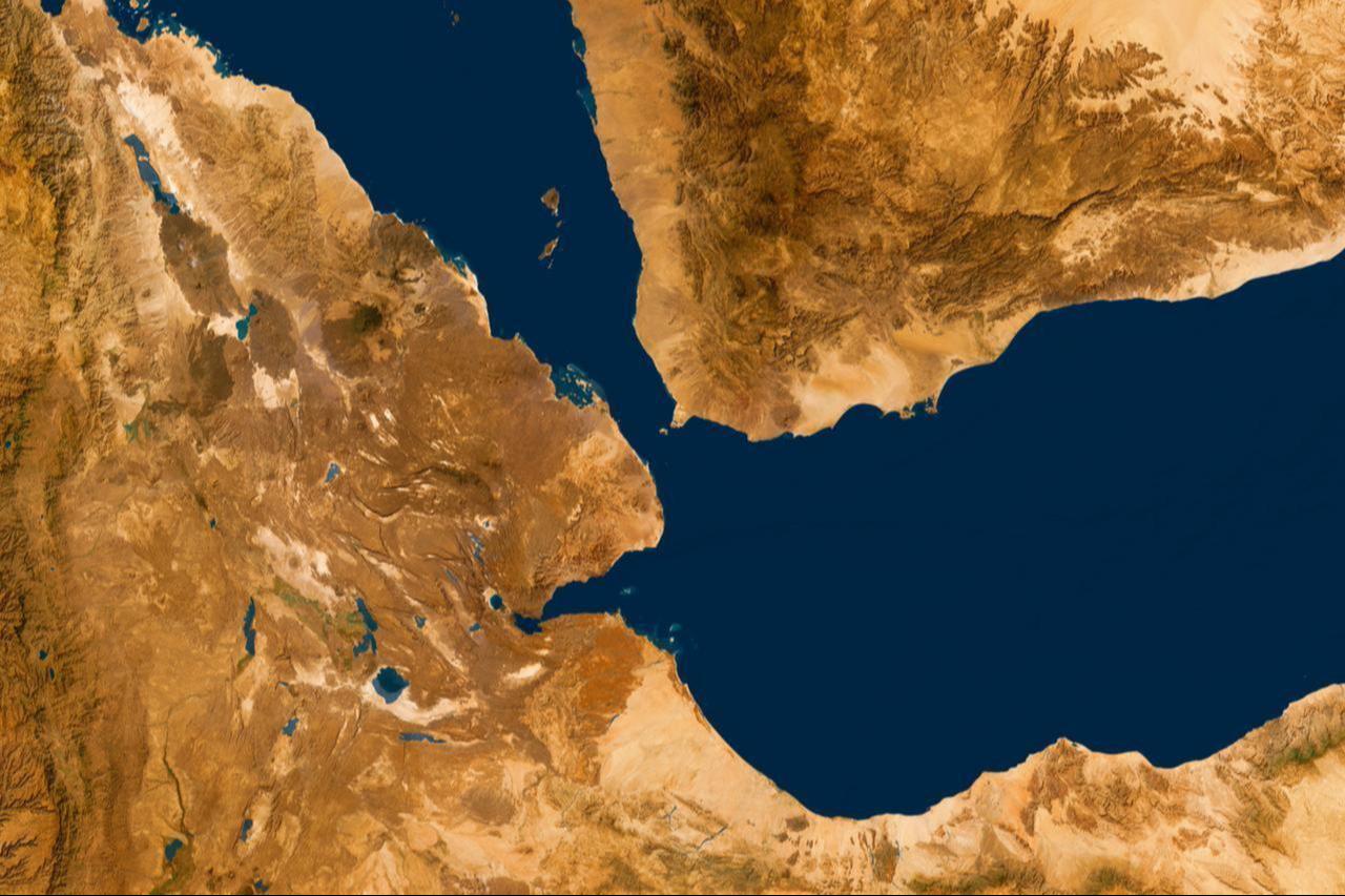 A satellite view shows the Bab al-Mandeb Strait, a strategic chokepoint linking the Red Sea to the Gulf of Aden. (Adobe Stock Photo)