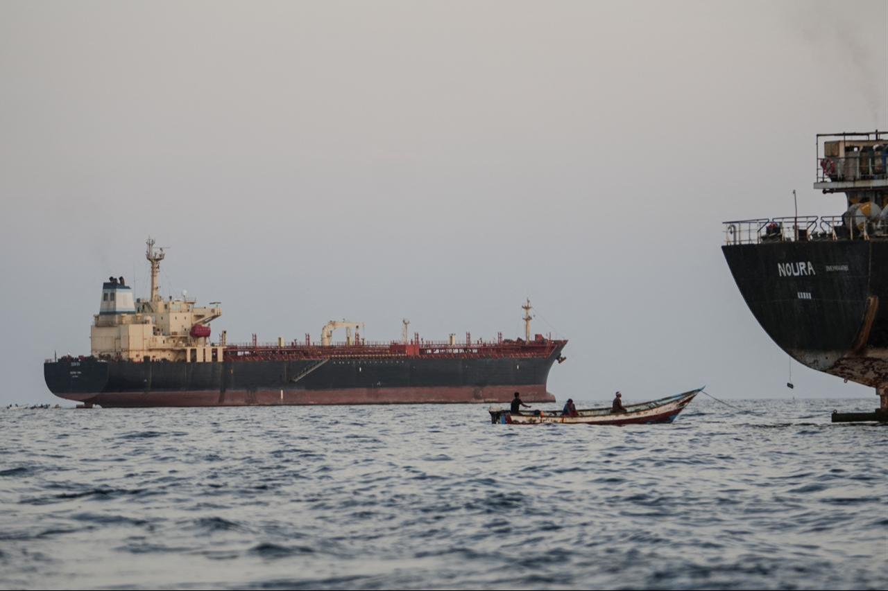 Commercial vessels are anchored off Yemen's coast at Bab al-Mandeb, in the straits connecting the Red Sea with the Gulf of Aden and the Indian Ocean on September 12, 2026. (AFP Photo)