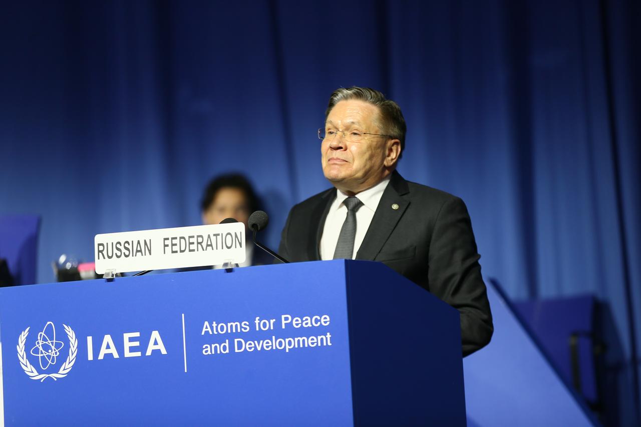 Director General of Russian State Atomic Energy Corporation (Rosatom) Alexey Likhachev delivers a speech during the 70th IAEA General Conference at the Vienna International Centre in Vienna, Austria, on September 14, 2026. (AA Photo)