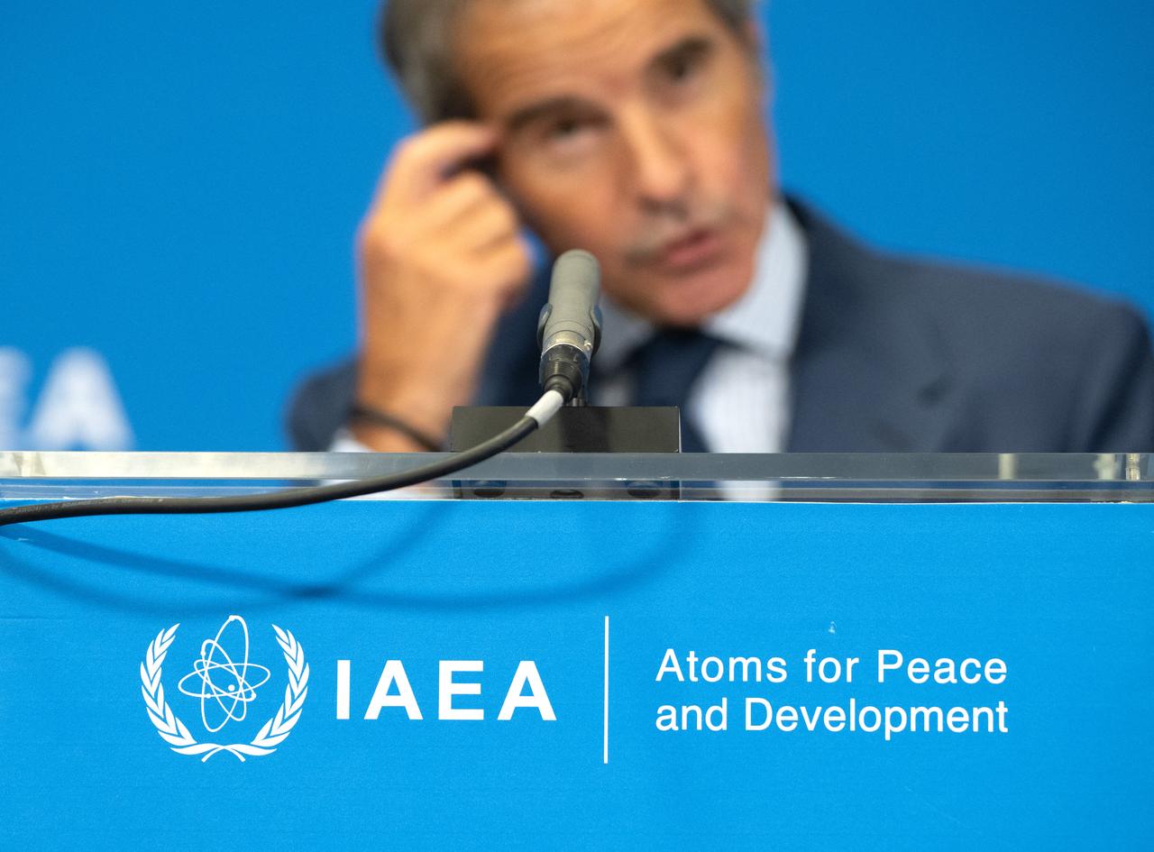The logo of the International Atomic Energy Agency (IAEA) is pictured as its Director General Rafael Grossi reacts during a press conference in Vienna, Austria, Sept. 7, 2026. (AFP Photo)