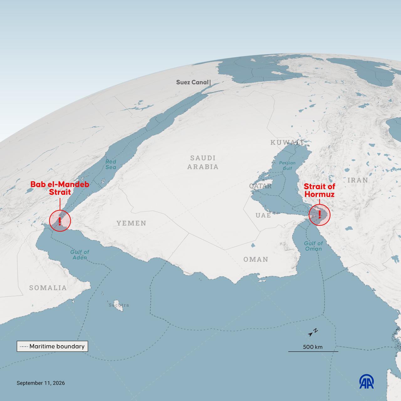 An infographic showing "Bab el-Mandeb Strait and Strait of Hormuz" created in Ankara, Türkiye on September 11, 2026. (AA Photo)