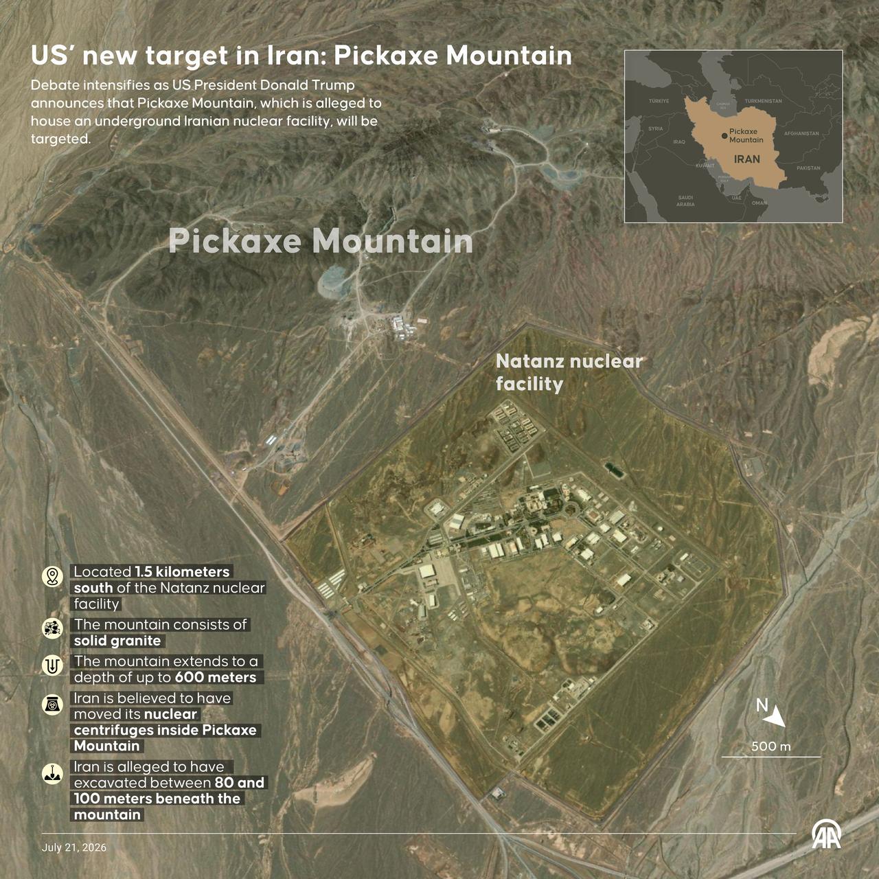 An infographic titled "US’ new target in Iran: Pickaxe Mountain" was created in Ankara, Türkiye, on July 21, 2026. (AA Infographic)