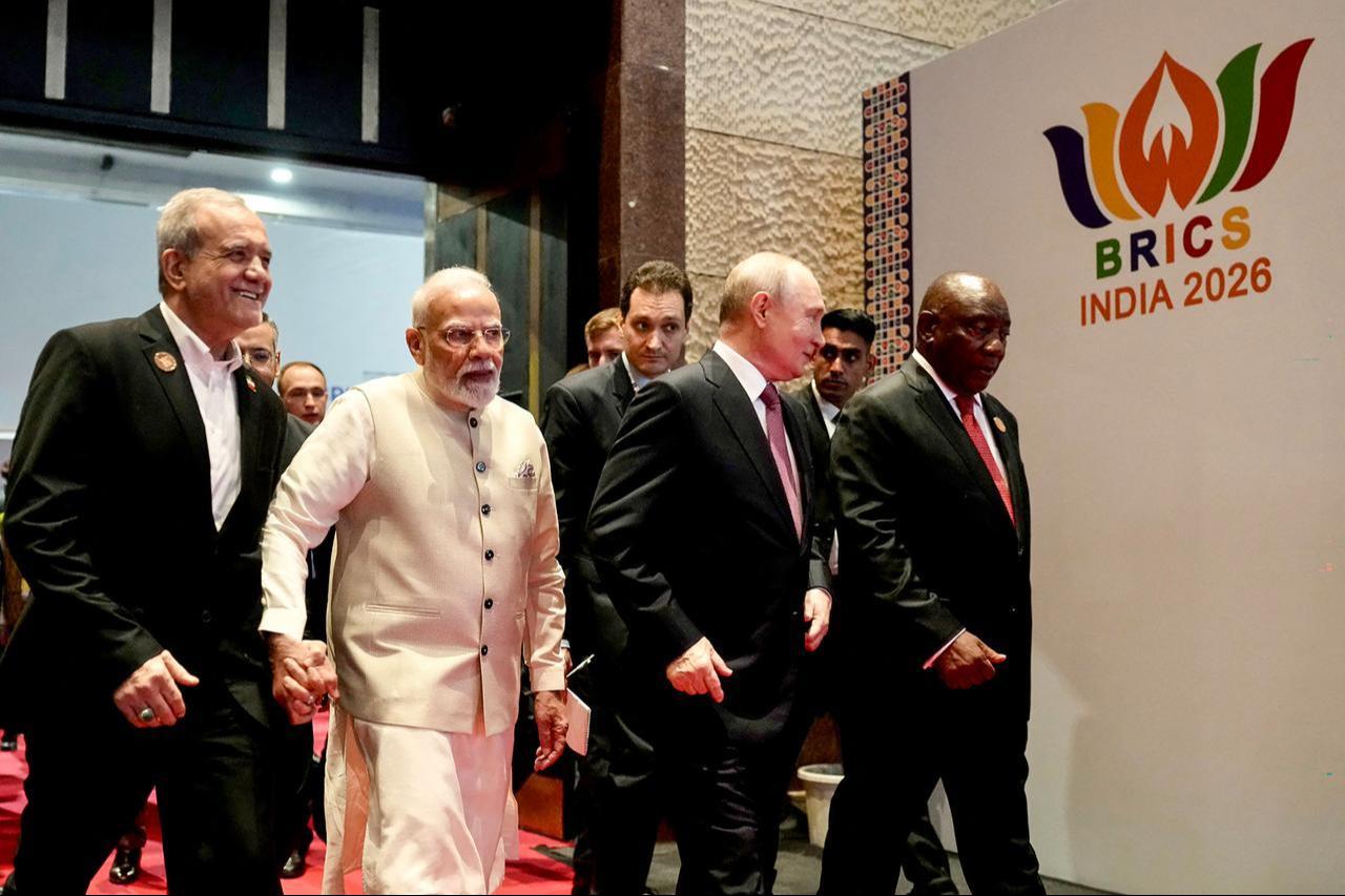 Iran's President Masoud Pezeshkian (L), India's Prime Minister Narendra Modi (2L), Russia's President Vladimir Putin (2R) arriving to attend a session of the BRICS Business Forum 2026 in New Delhi, Sept. 11, 2026. (AFP Photo/Indian Press Information Bureau (PIB)/Handout)