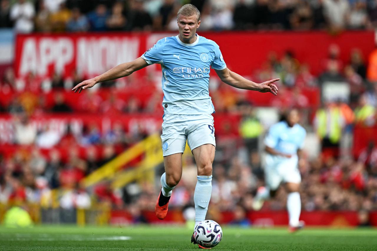 Manchester City's Norwegian striker #09 Erling Haaland controls the ball during the English Premier League football match between Manchester United and Manchester City at Old Trafford in Manchester, north west England, on September 13, 2026. (AFP Photo)