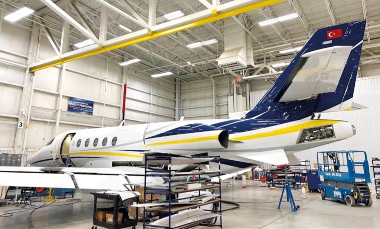 TC-AKF, a Cessna Citation Latitude business jet, is seen inside a maintenance hangar. (Photo via X)