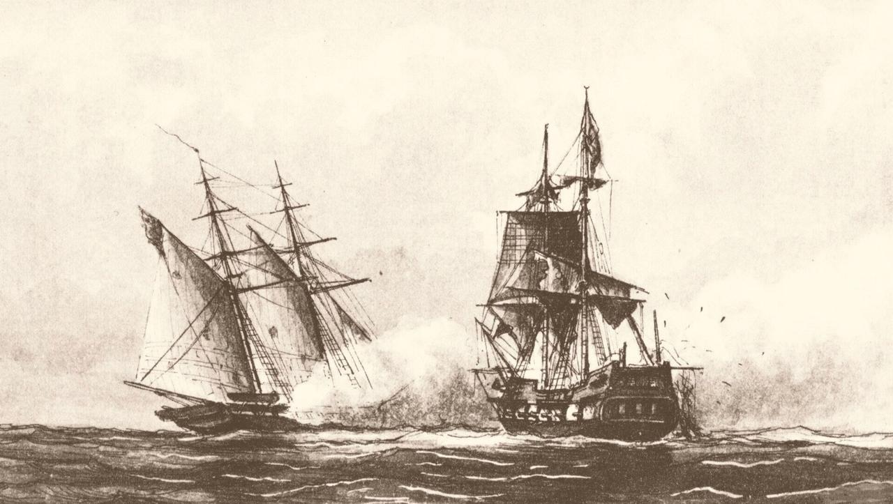 The U.S. schooner Enterprise captures the Tripolitan corsair Tripoli on Aug. 1, 1801, in an 1878 drawing by U.S. Navy Capt. William Bainbridge Hoff. (Image via Wikimedia)
