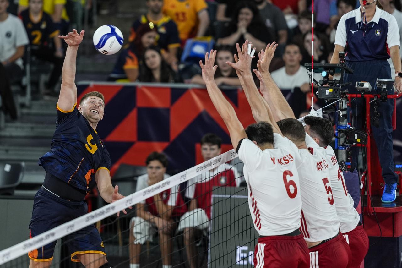Adrian Aciobanitei of Romania competes during the CEV EuroVolley 2026 Pool D match between Türkiye and Romania at BT Arena in Cluj-Napoca, Romania, on September 14, 2026. (AA Photo)