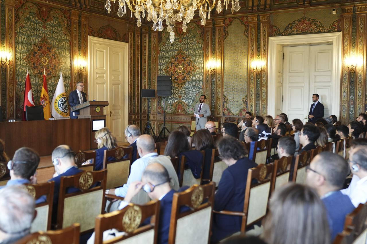 A speaker addresses participants during the international congress examining five centuries of relations between Türkiye and Spain at Istanbul University in Istanbul, Türkiye, Sept. 14, 2026. (AA Photo)