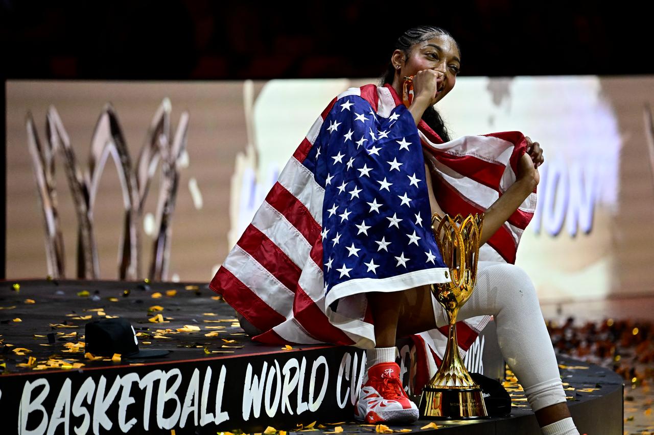 USA's forward #15 Angel Reese celebrates after the 2026 FIBA Women’s Basketball World Cup final game between the United States and France in Berlin on September 13, 2026. (AFP Photo)
