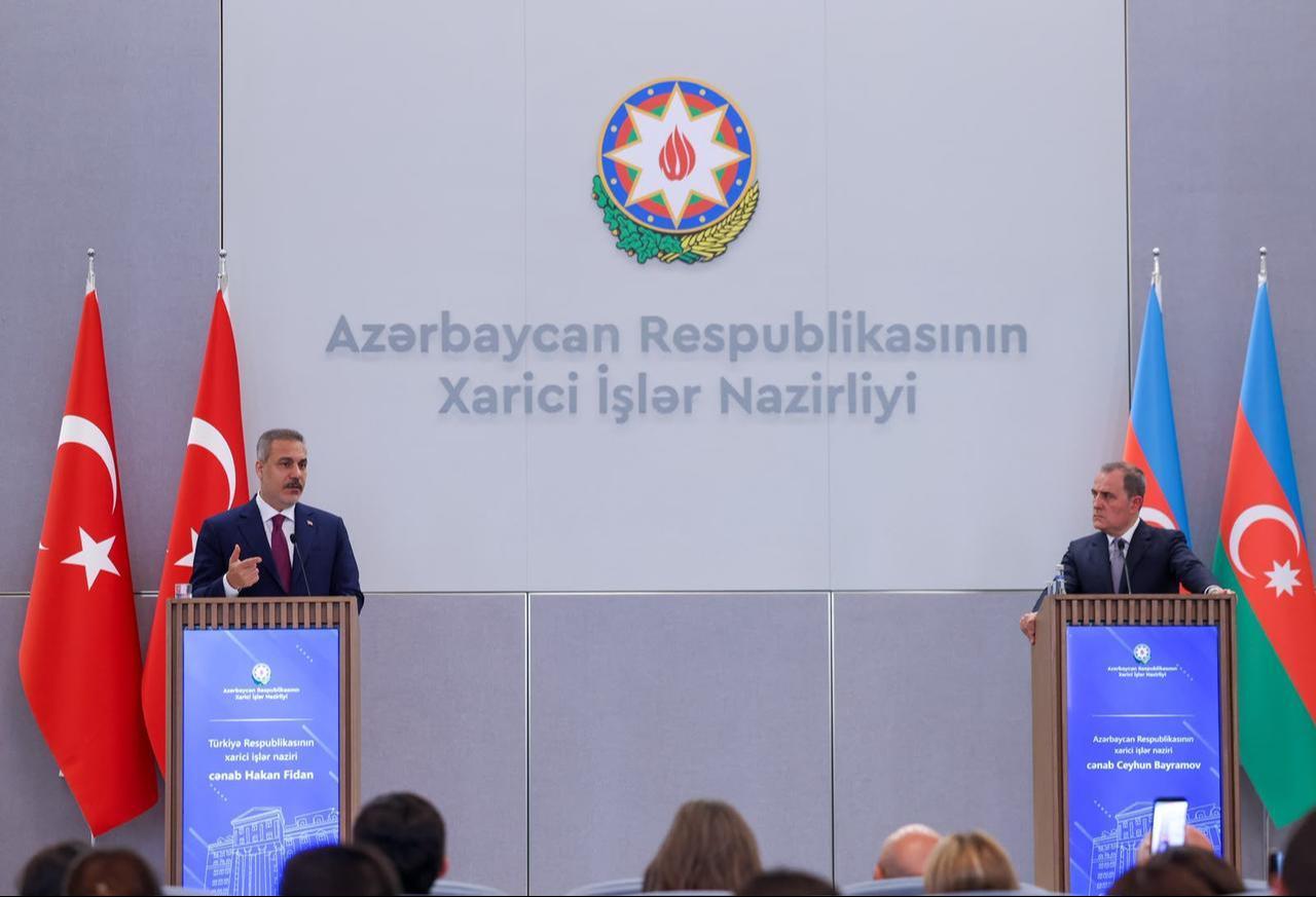 Turkish Foreign Minister Hakan Fidan and Azerbaijani Foreign Minister Jeyhun Bayramov hold a joint press conference after their meeting in Baku, Azerbaijan, Sept. 15, 2026. (Turkish Foreign Ministry/Handout)