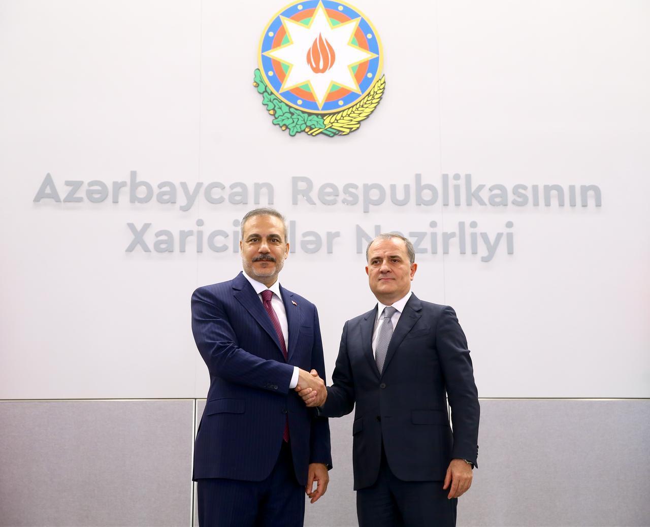 Turkish Foreign Minister Hakan Fidan (L) and Azerbaijani Foreign Minister Jeyhun Bayramov (R) hold a joint press conference after their meeting in Baku, Azerbaijan, Sept. 15, 2026. (AA Photo)