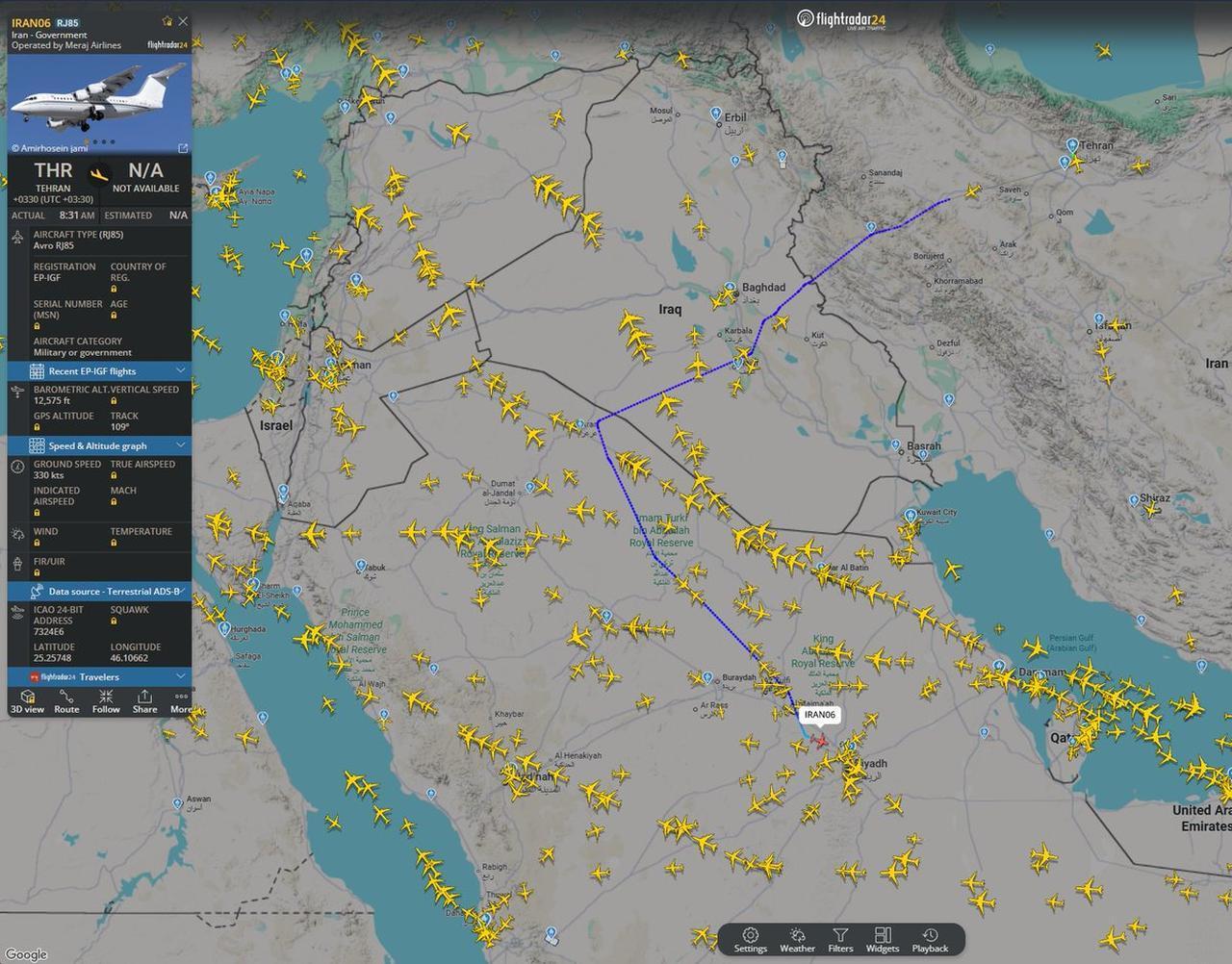 The screengrab photo from Flightradar24 shows an Iranian government aircraft carrying the callsign IRAN06 landing in Riyadh, Saudi Arabia, on Sept. 15, 2026. (Photo via Telegram)