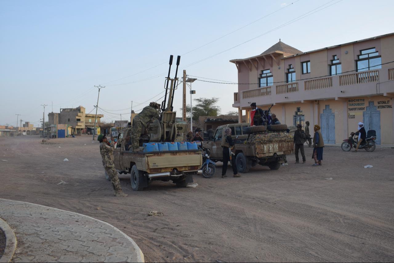 Tuareg rebels of the Azawad Liberation Front (FLA) ride on the back of pickup trucks in Kidal, on April 26, 2026. (AFP Photo)