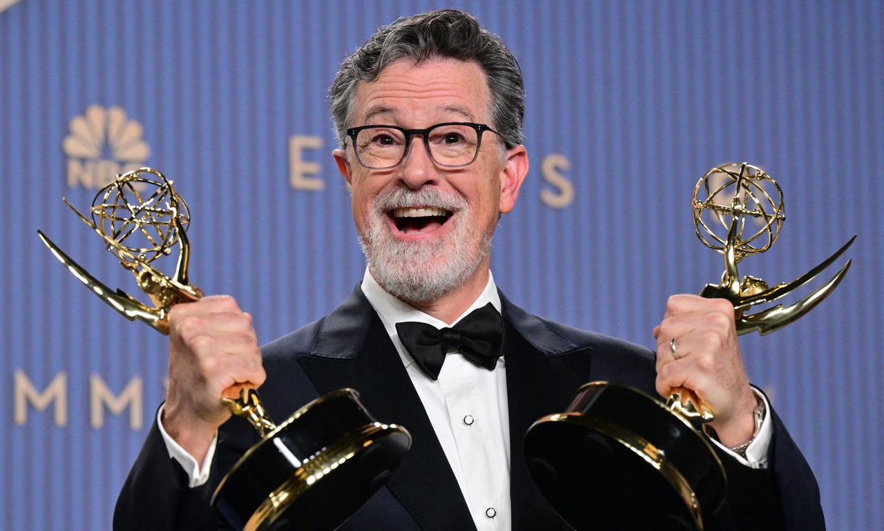US comedian and writer Stephen Colbert poses with two awards in the press room during the 78th Primetime Emmy Awards in Los Angeles, California, U.S., Sept. 14, 2026. (AFP Photo)