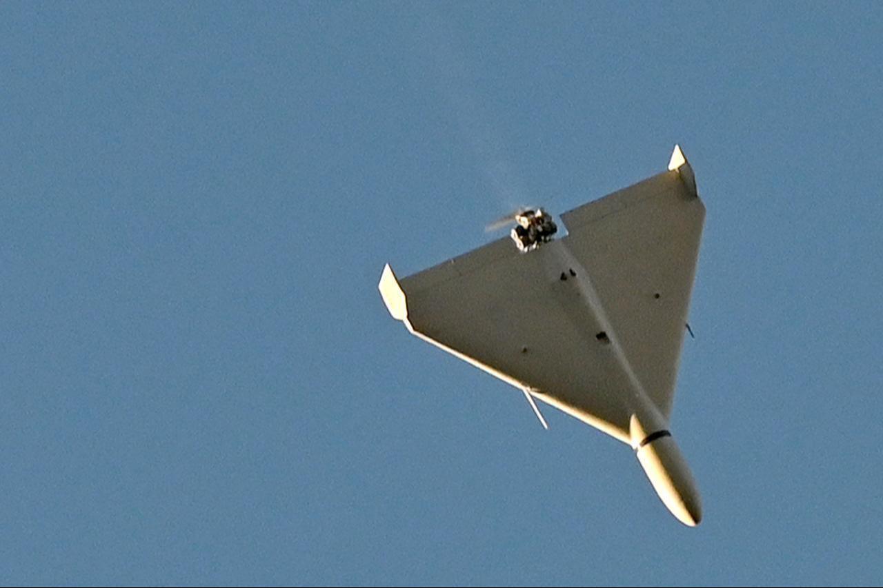A Russian drone flies over Kyiv, Ukraine, during an attack on Oct. 17, 2022. (AFP Photo)
