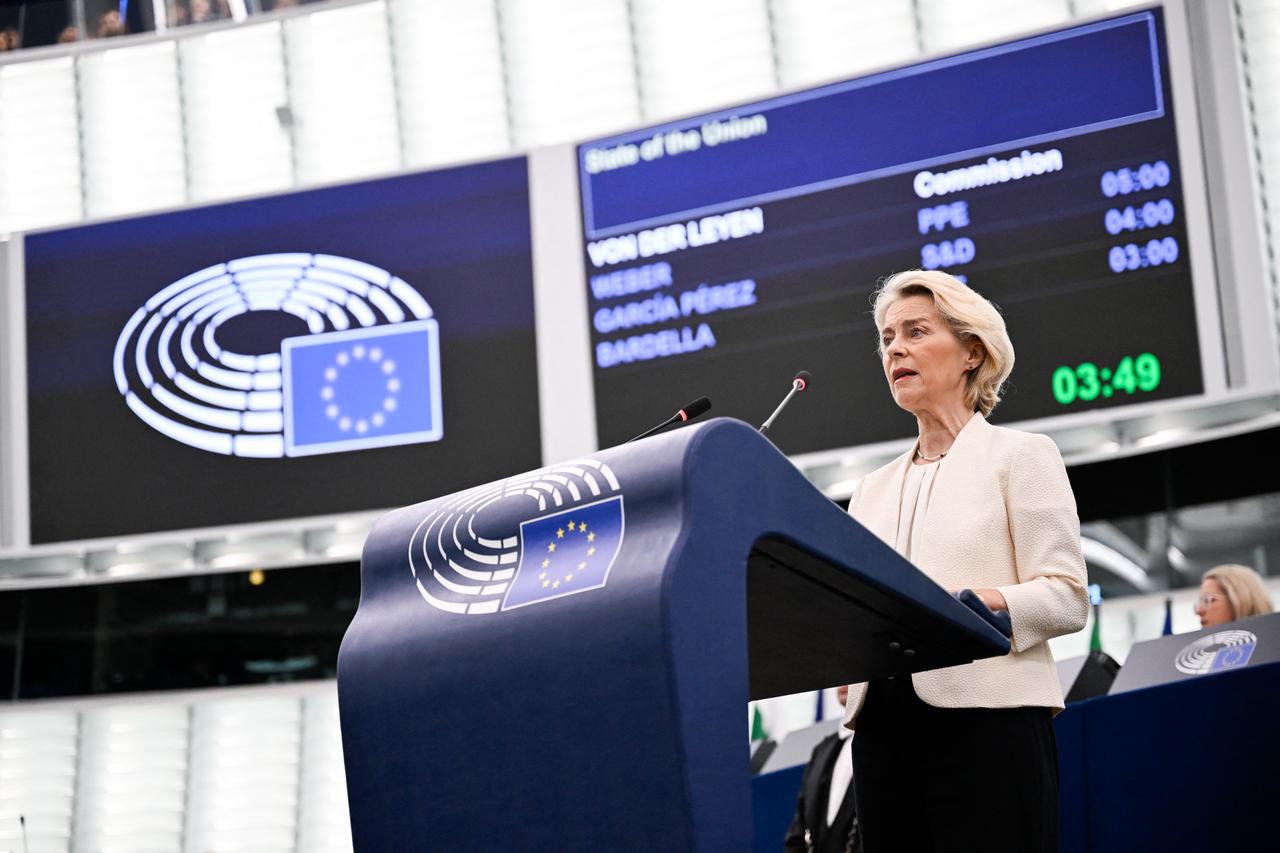 European Commission President Ursula von der Leyen delivers a speech during her annual State of the Union address at a plenary session of the European Parliament in Strasbourg, eastern France on September 16, 2026. (AFP Photo)