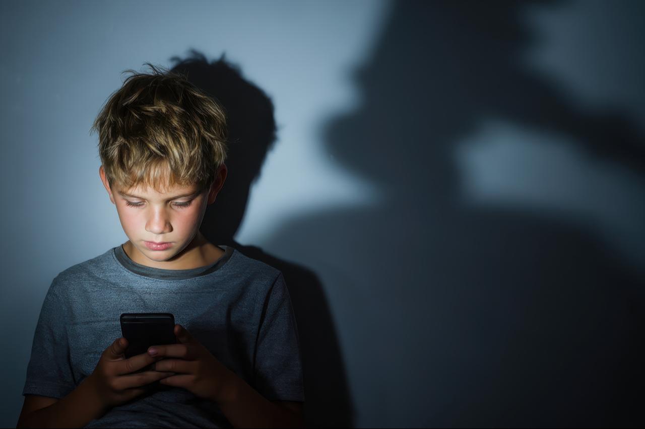 Young boy looking at a glowing smartphone screen at night with a large judges gavel shadow looming on the wall behind him. (Photo via Adobe Stock)
