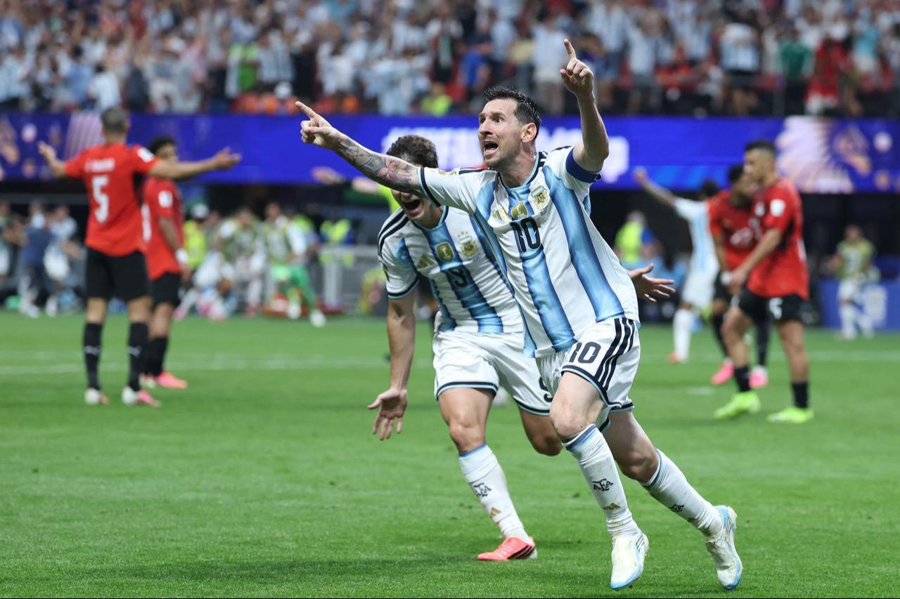 Argentina's forward #10 Lionel Messi celebrates scoring the second goal during the match between Argentina and Egypt at Atlanta Stadium in Atlanta, US, July 7, 2026. (AFP Photo)