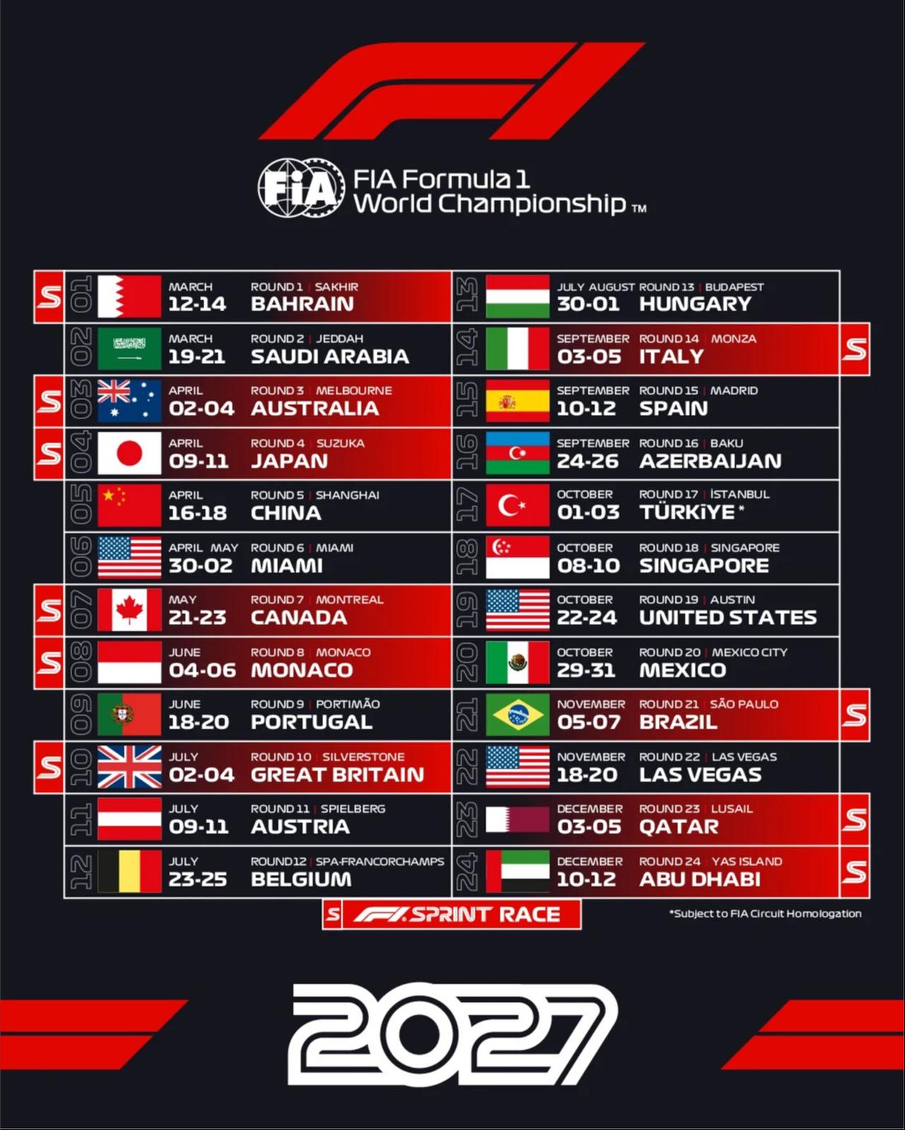 2027 FIA Formula 1 world championship calendar. (Photo via Formula 1)