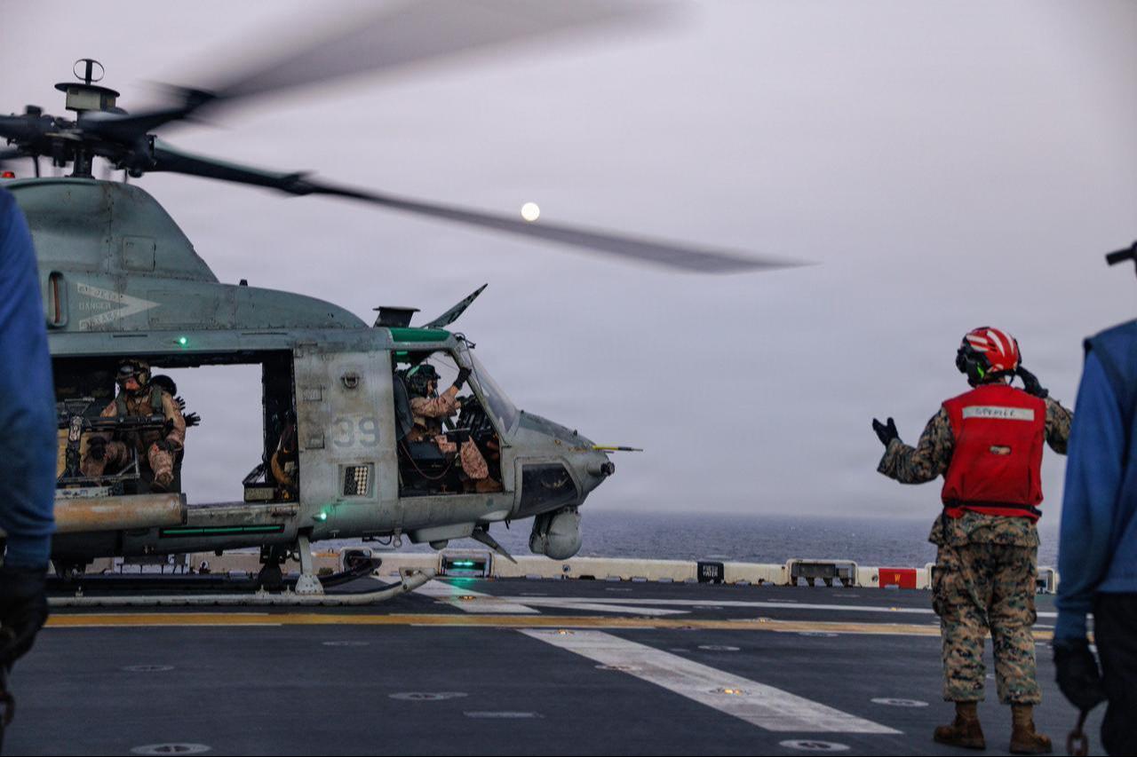A U.S. Marine Corps UH-1Y Venom prepares to take off from forward-deployed USS Tripoli (LHA 7), during flight operations in the CENTCOM area of responsibility, May 30, 2026. (Photo via U.S. Marine Corps)