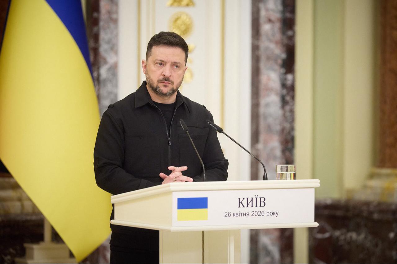 This handout photograph, taken and released on April 26, 2026, shows Ukraine's President Volodymyr Zelenskyy speaking during a press conference. (Photo by Handout/Ukrainian Presidential Press Service/AFP)
