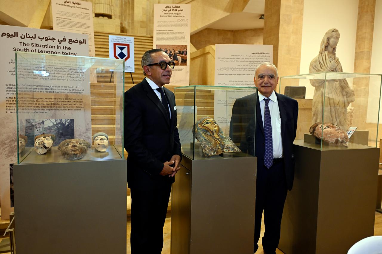 Lebanese Culture Minister Ghassan Salameh (R) hands over 37 ancient Egyptian artifacts dating to the Pharaonic era to Egyptian Ambassador to Beirut Alaa Moussa (L) during a ceremony at the National Museum in Beirut, Lebanon, on September 16, 2026. (AA Photo)