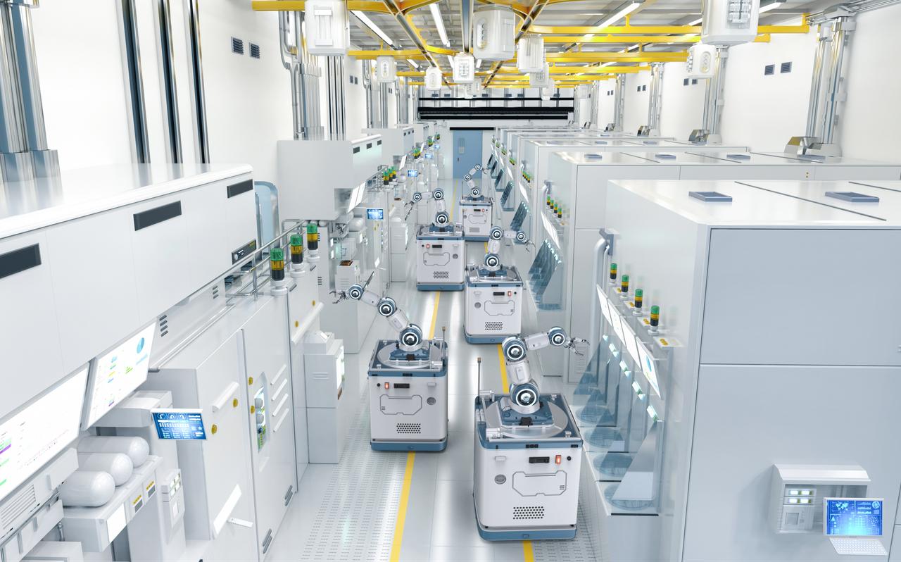 Automated robotic systems operate inside a modern industrial manufacturing facility in an undated illustration. (Adobe Stock Photo)