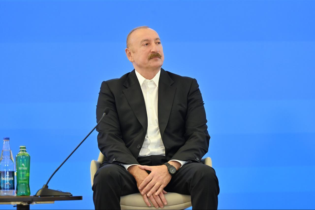 Azerbaijani President Ilham Aliyev delivered a speech at the 4th Shusha Global Media Forum in Baku, Azerbaijan, July 13, 2026. (AA Photo)