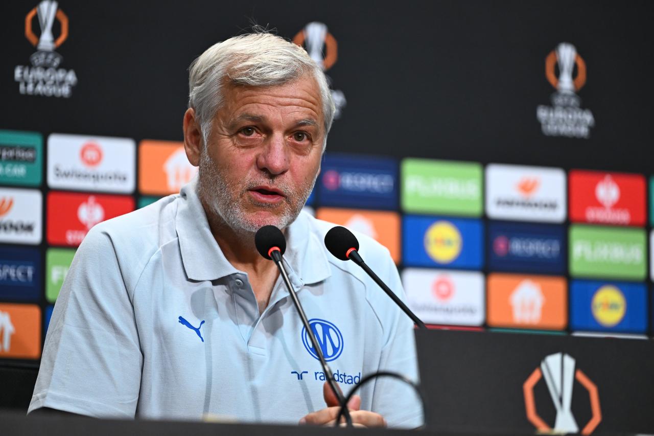 Olympique Marseille head coach Bruno Genesio speaks during a press conference at Tupras Stadium ahead of the UEFA Europa League Week 1 match against Besiktas in Istanbul, Türkiye, on September 16, 2026. (AA Photo)