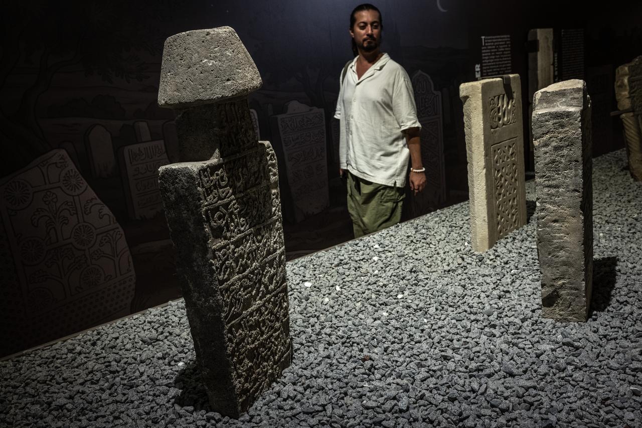 Historic gravestones are displayed at the Ahmet Kelesoglu Archaeology and Ethnography Museum in Ermenek, Karaman, Türkiye. (AA Photo)