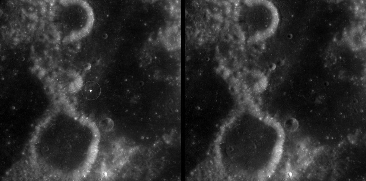 1. McGetchin crater on Moon’s eastern edge is shown after its formation in images captured in summer 2025, left, alongside a pre-impact view from spring 2011, right. The crater formed between April 11 and May 22, 2024. (NASA Goddard)